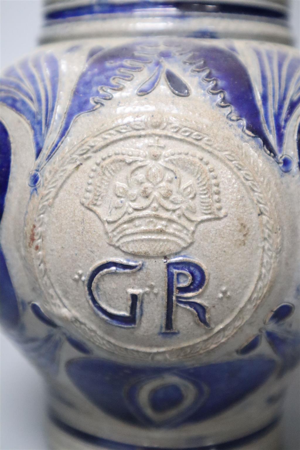 A Westerwald saltglazed jug, monogrammed GR, height 19cm